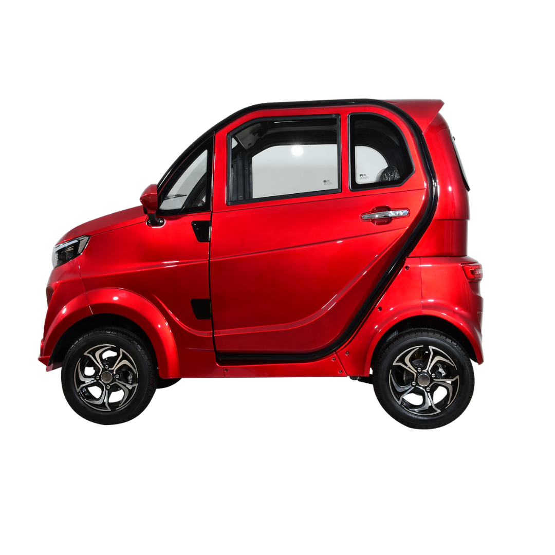 The Green Transporter Q Express Fully Enclosed Scooter is a compact, red, two-door electric microcar with black trim, alloy wheels, and a modern design, shown in profile on a white background. It’s powered by a 60V 1200W motor.